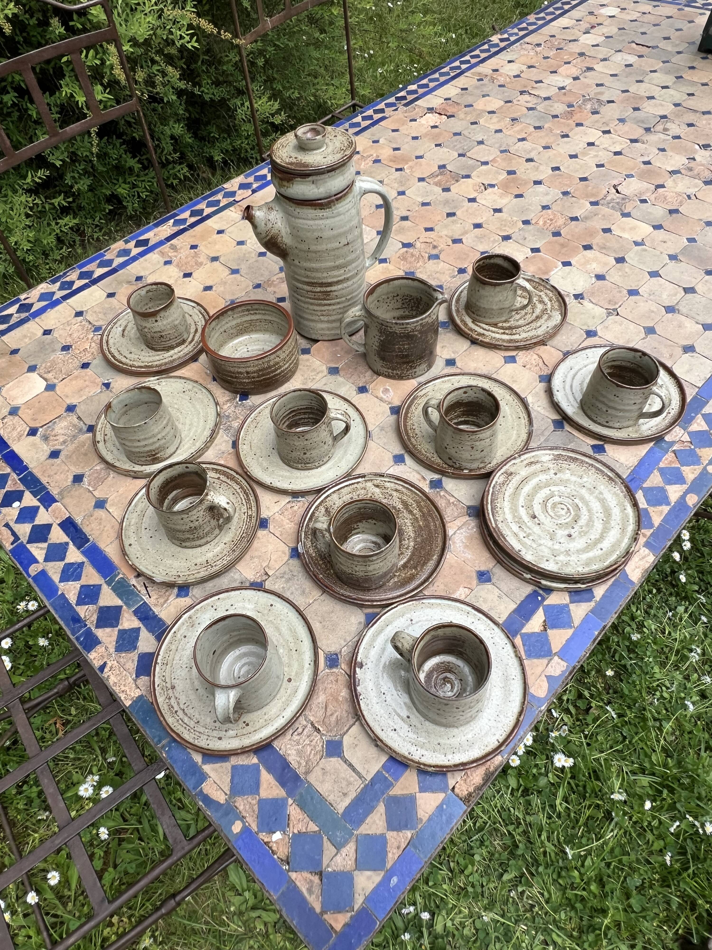 Vintage coffee and tea set in glazed stoneware from Puis potters - 15 pieces