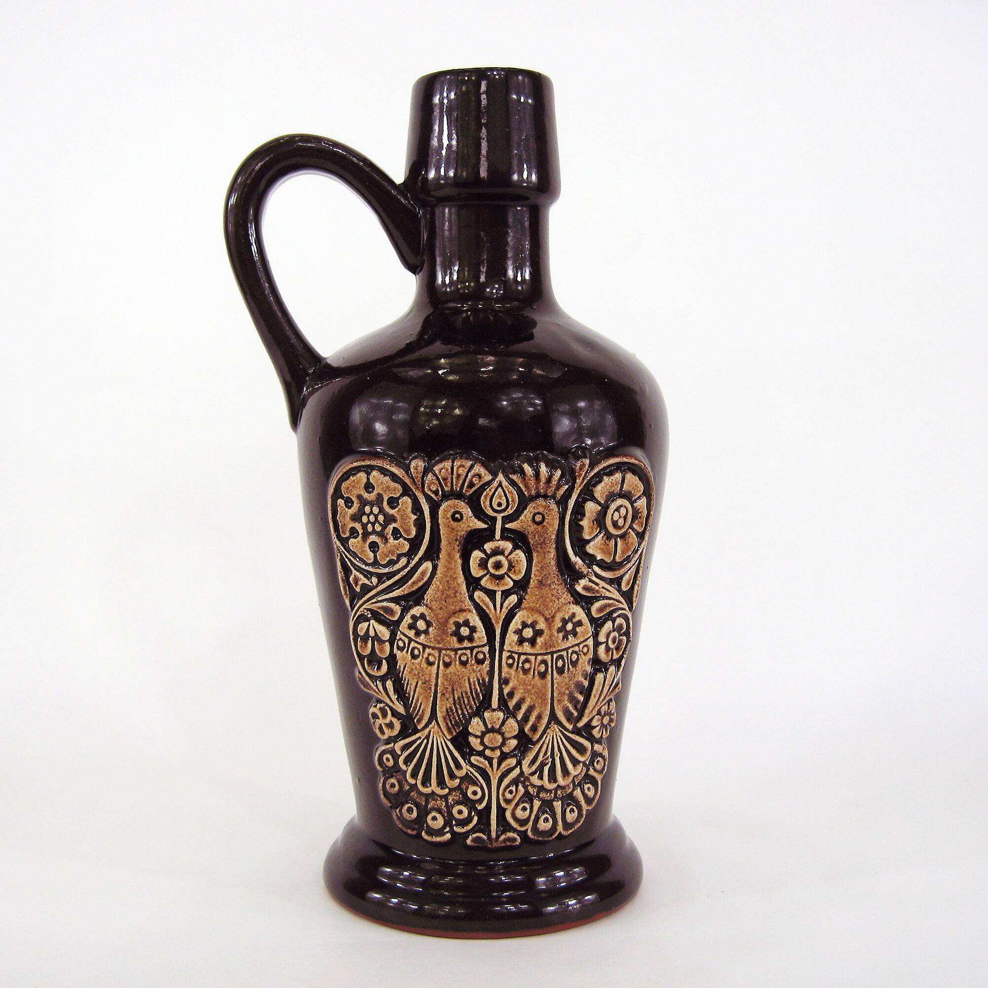 Ceramic pitcher vase - bird and flower decor - vintage 70s