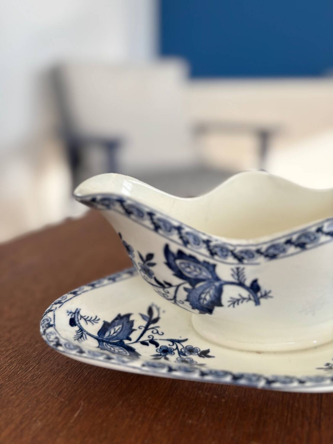 Antique ironstone sauceboat | Blue and white earthenware | Tableware