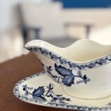 Saucière ancienne en terre de fer bleu et blanc