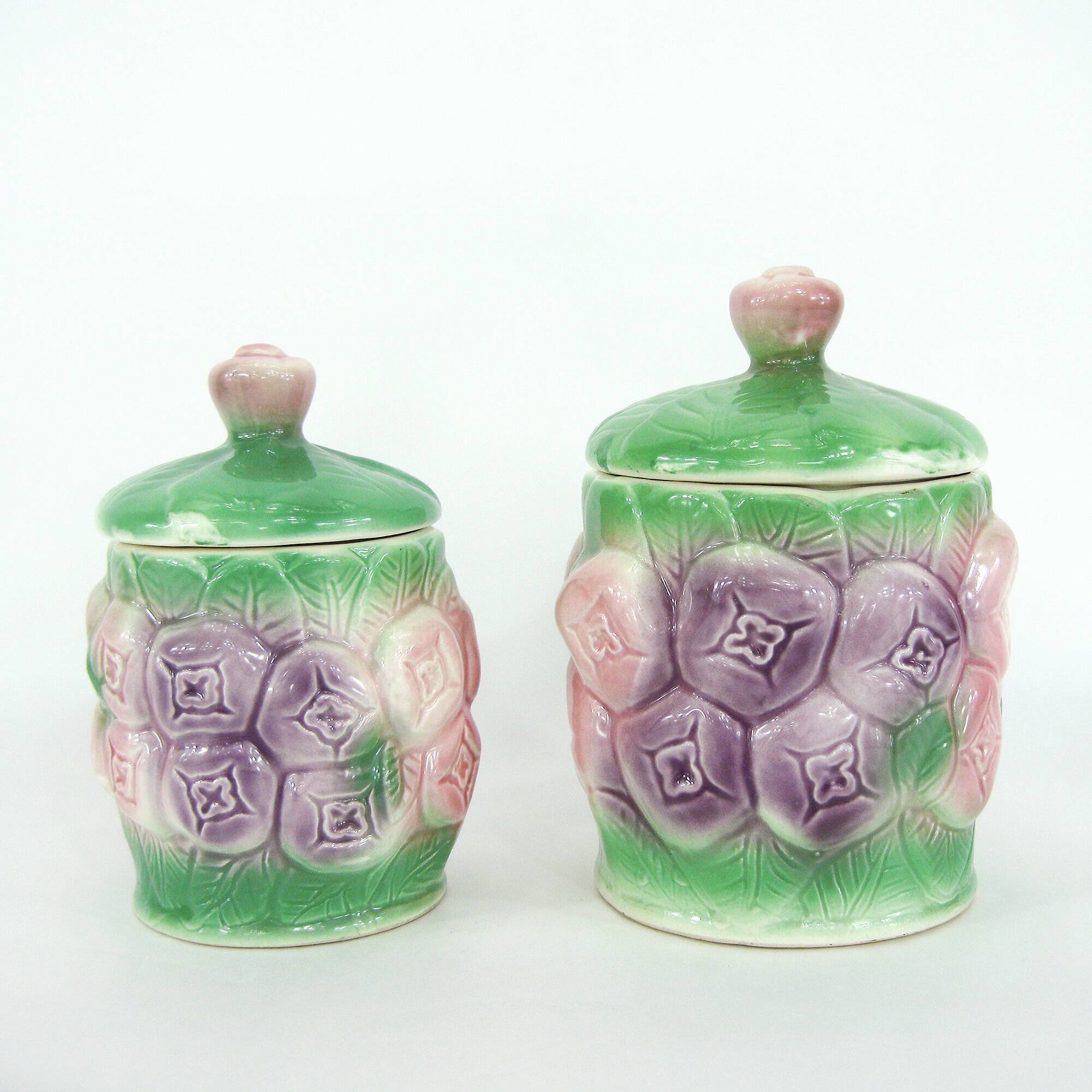 2 ceramic slip pots - pastel floral decor - vintage 80s