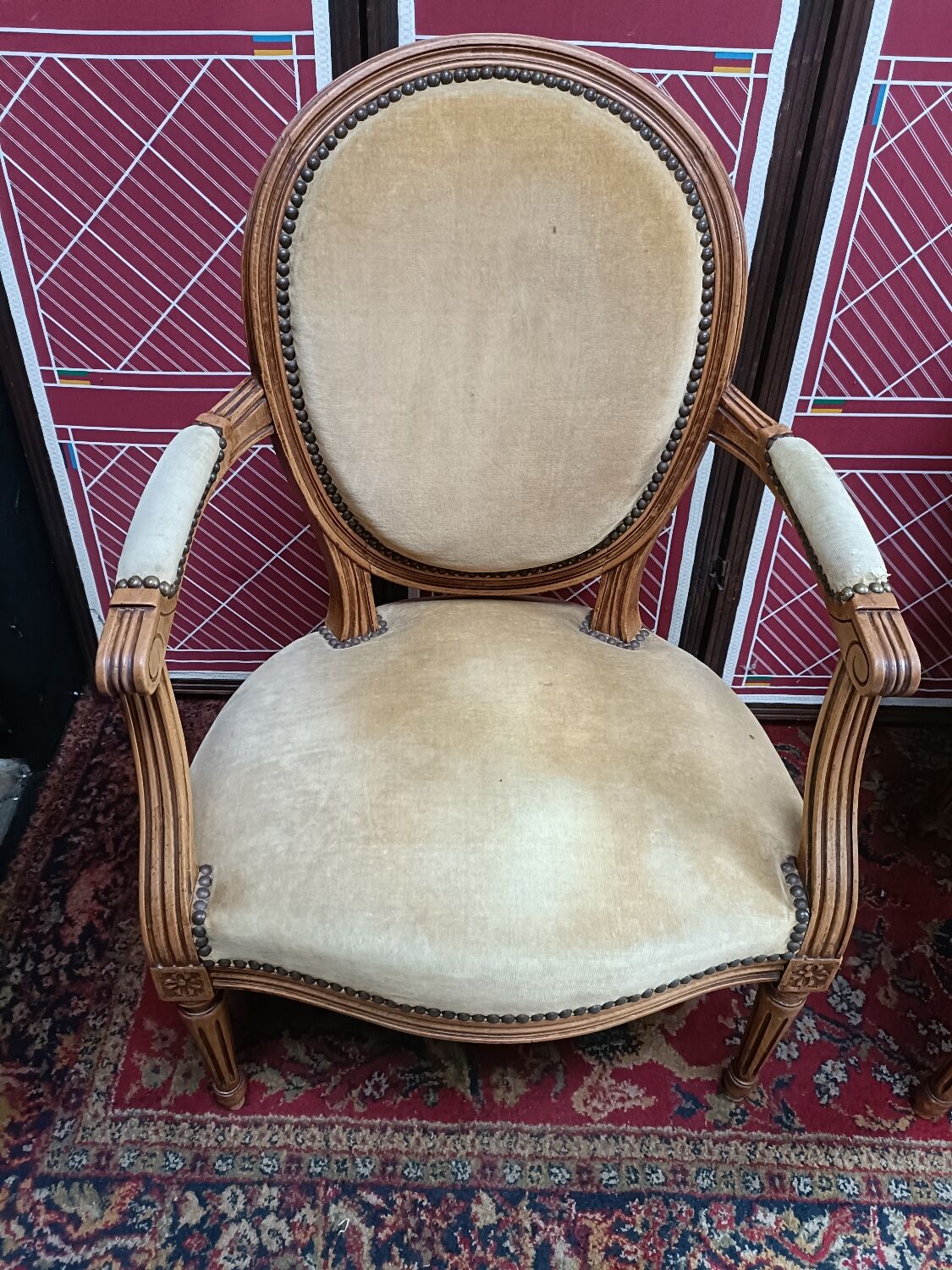 Pair of armchairs medallion Louis XV style, yellow velvet