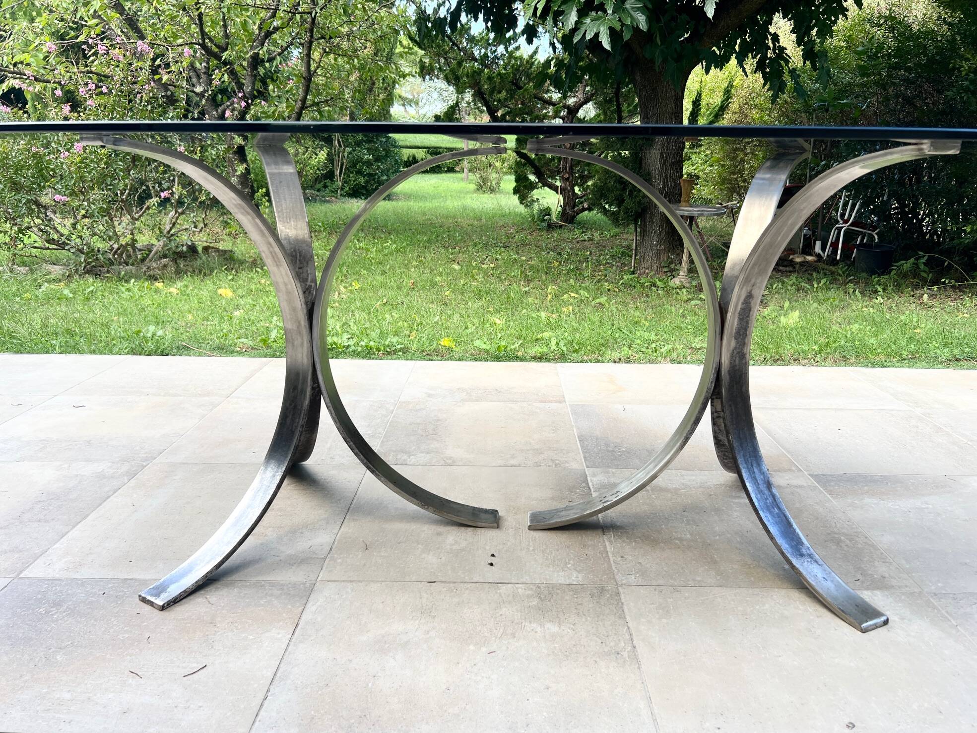 Oval dining table 1960-1970 smoked glass top and chrome base