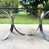 Oval dining table 1960-1970 smoked glass top and chrome base