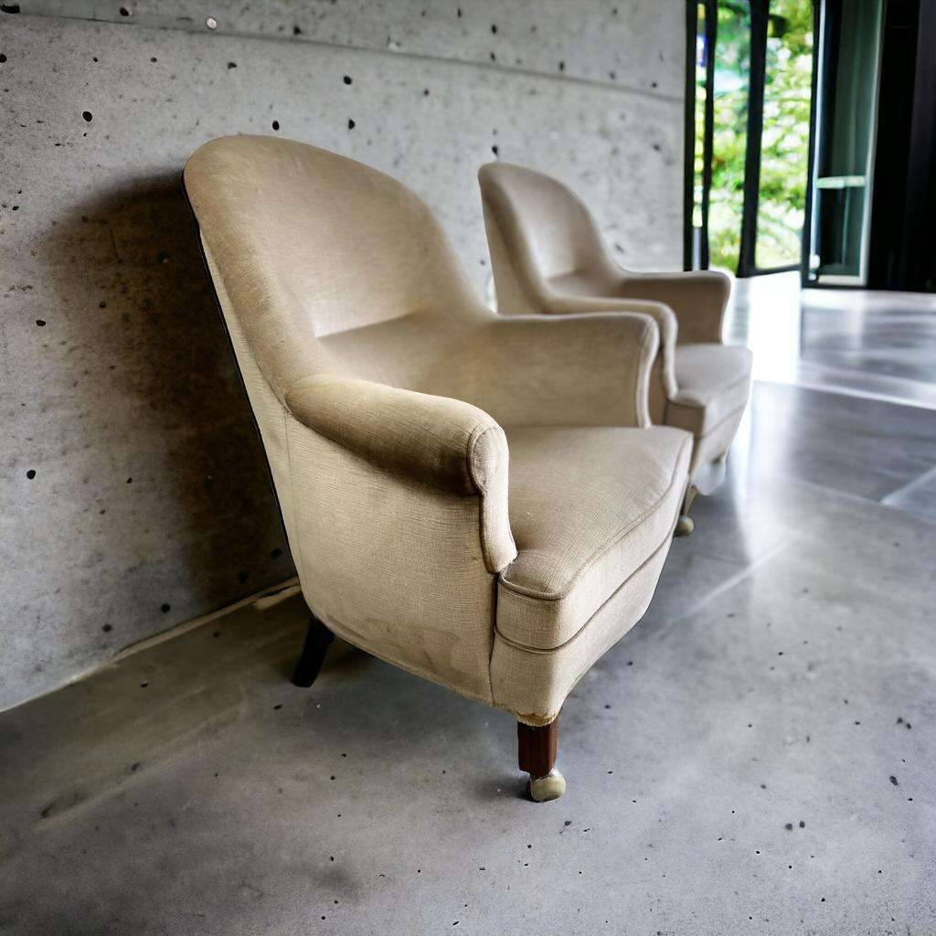 Ensemble de 2 monoplaces/fauteuils/sièges club vintage écru