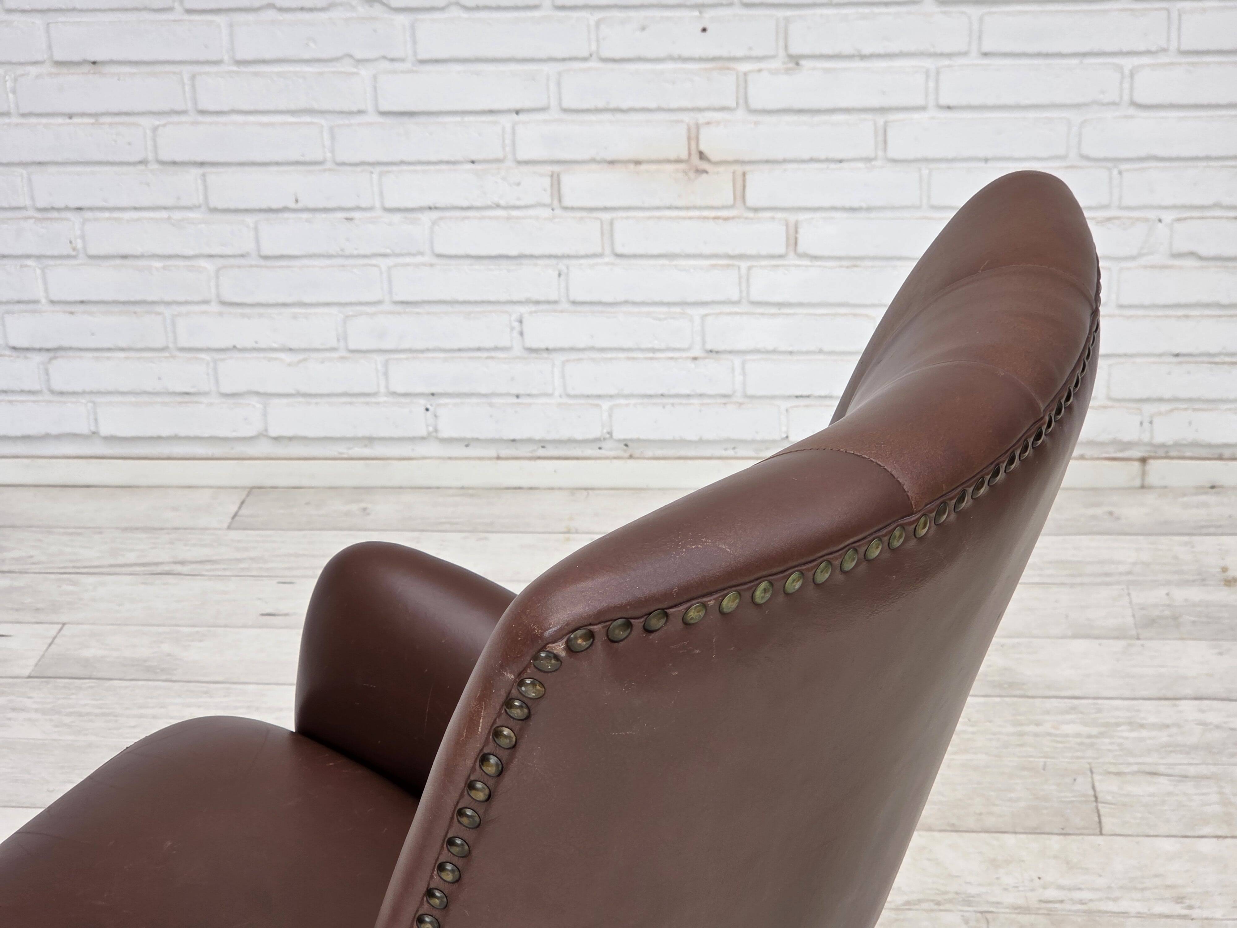 1970s, Danish armchair, original brown furniture leather.