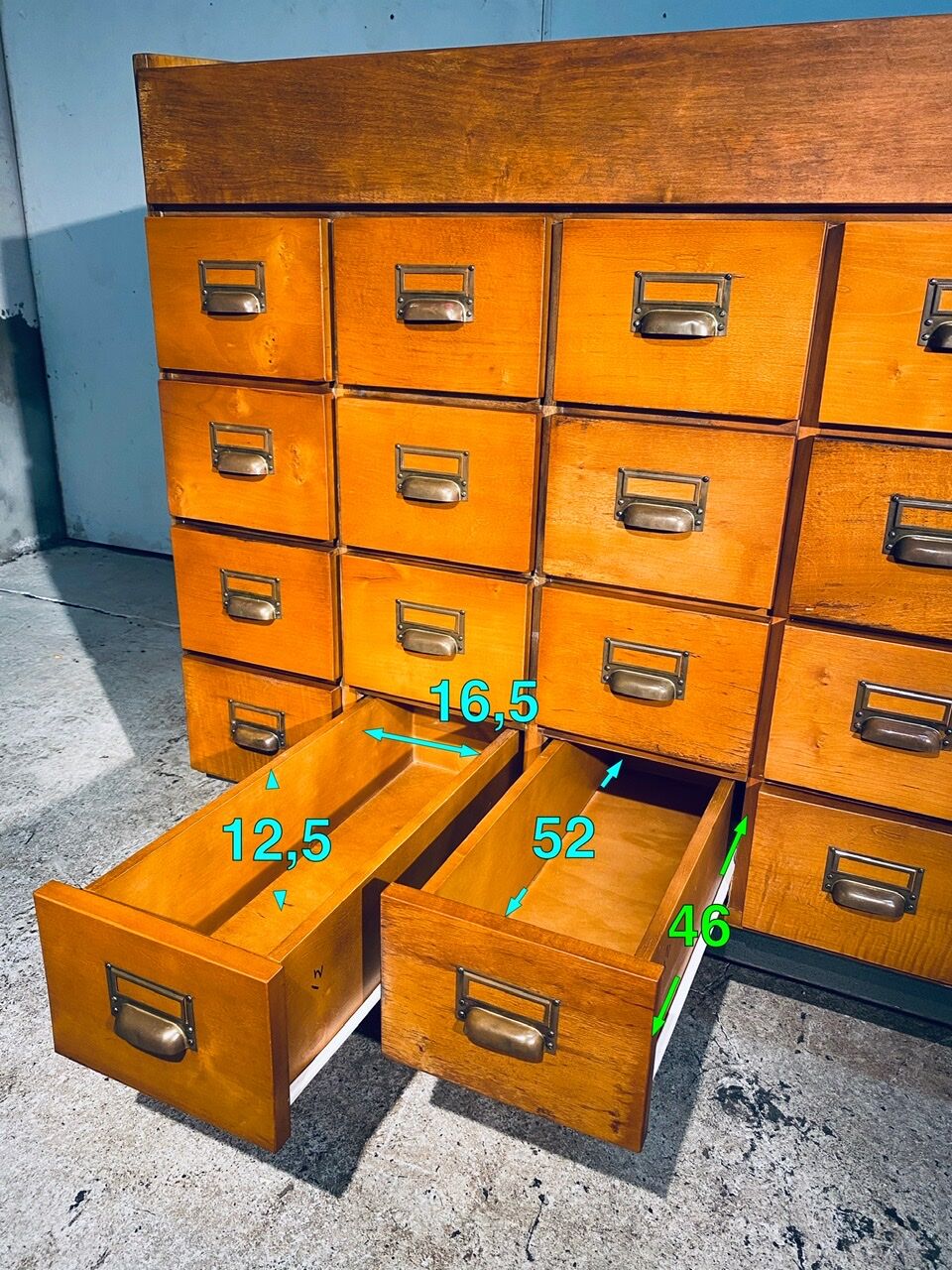 Double-sided wooden industrial filing cabinet with 48 vintage drawers