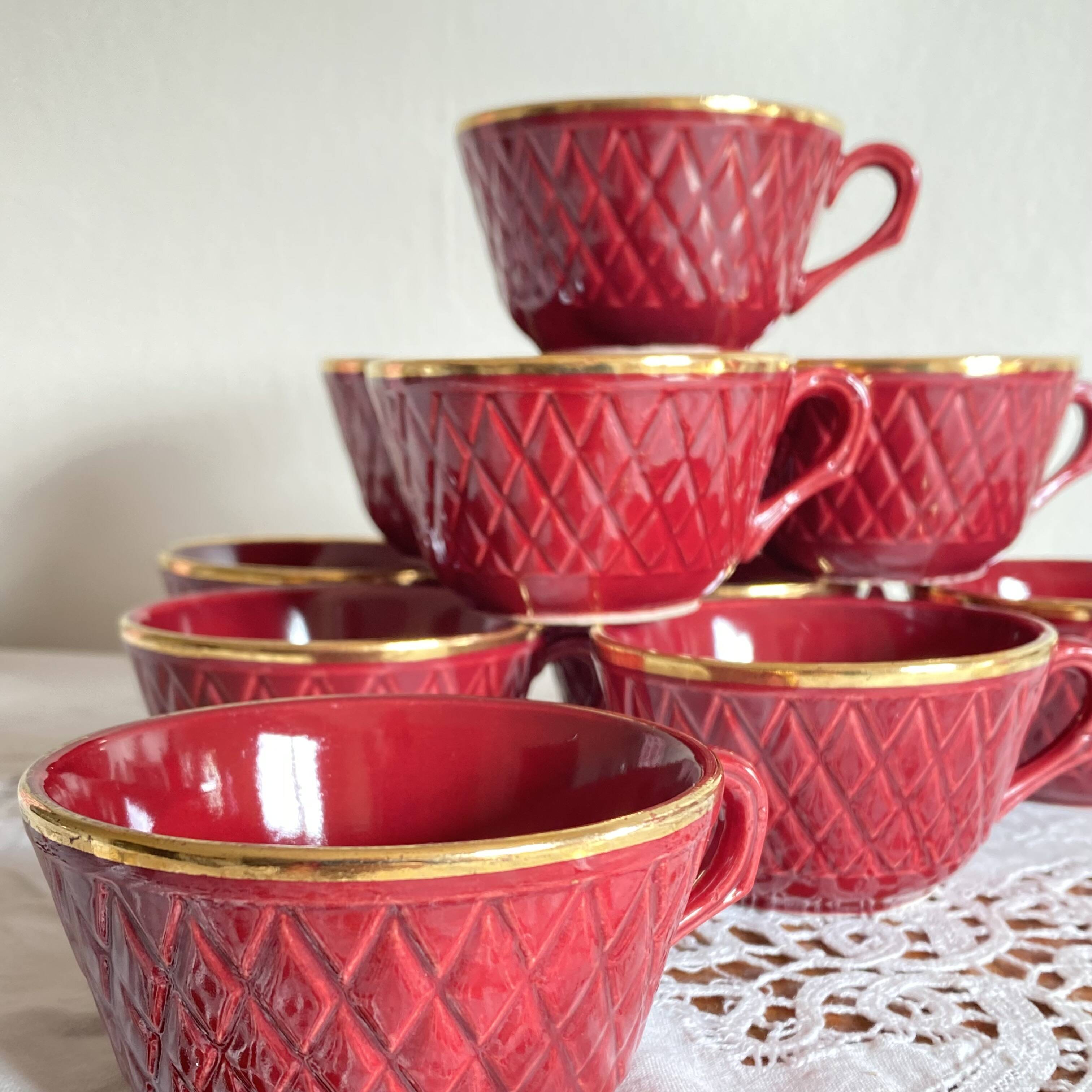 Set of 10 old red and gold ceramic coffee tea cups