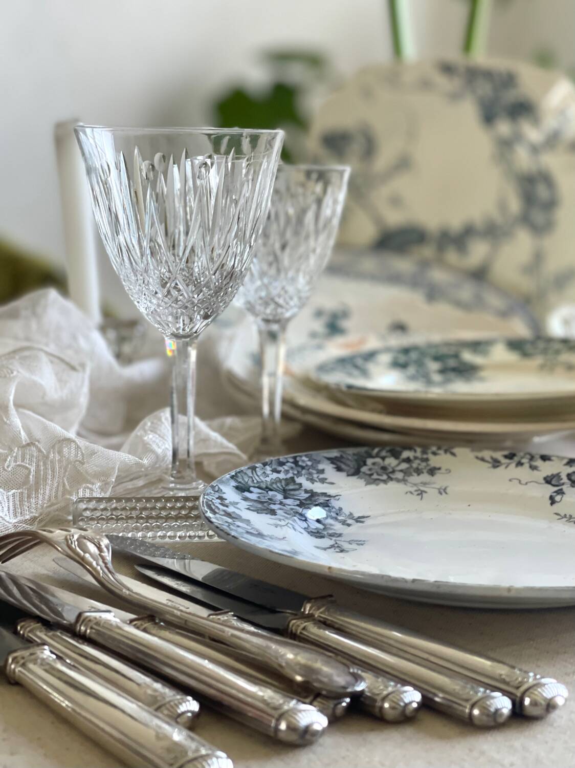 9 mismatched blue ironstone plates