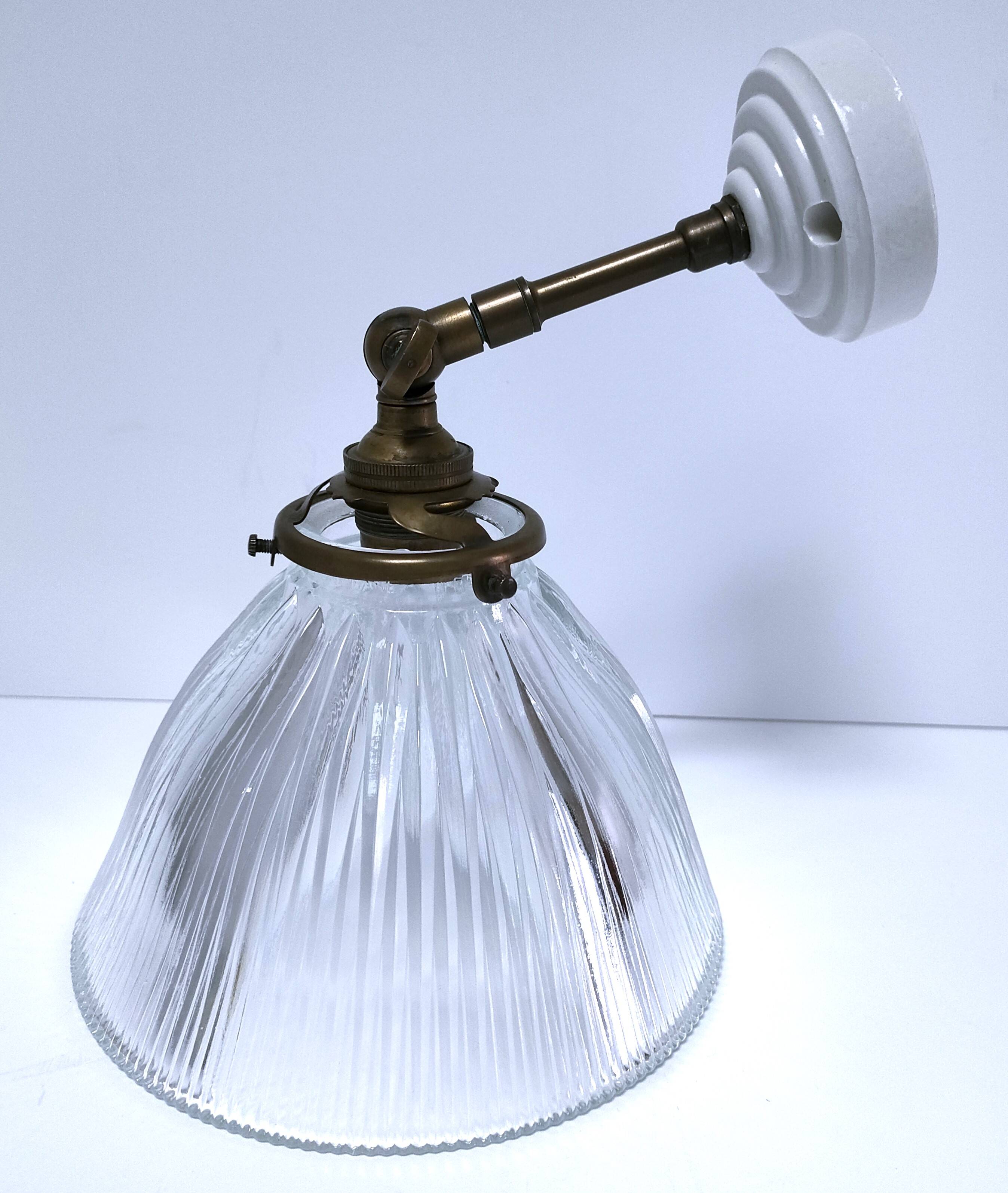 Articulated wall light glass Holophane brass porcelain