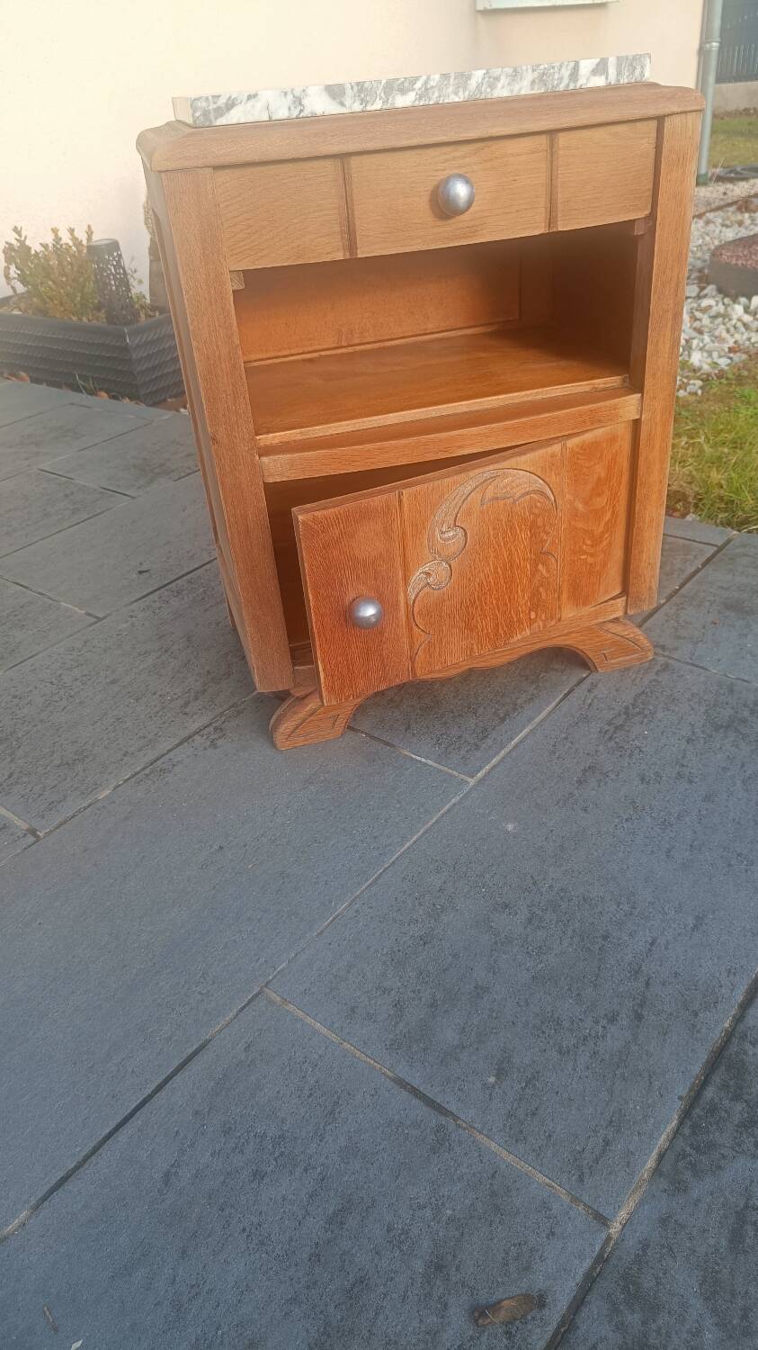 Solid oak bedside table with marble