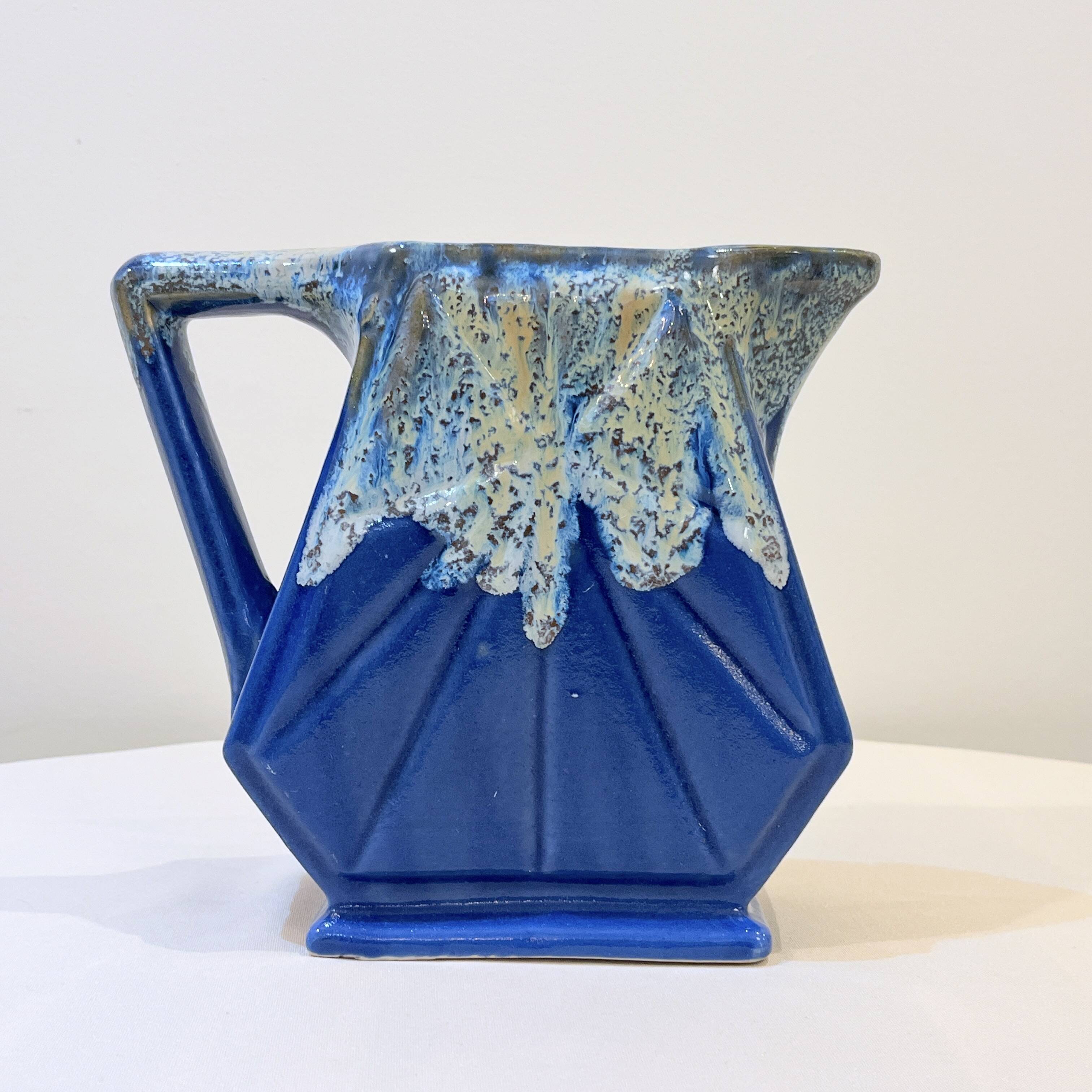 Large alpho fat lava art deco pitcher with blue ceramic handles 1930