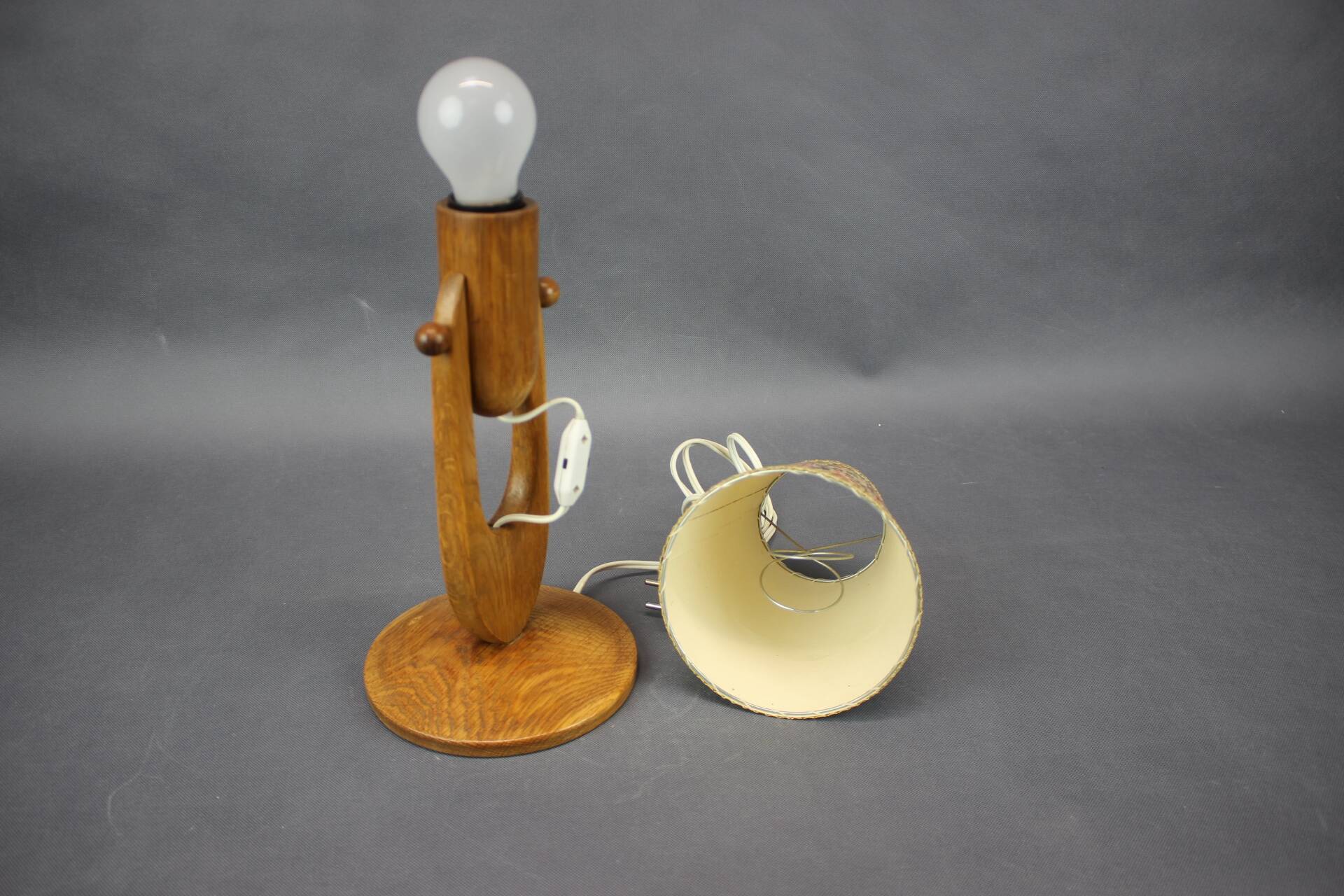 Mid-century adjustable wooden table lamp with floral shade, Czechoslovakia, 1970.