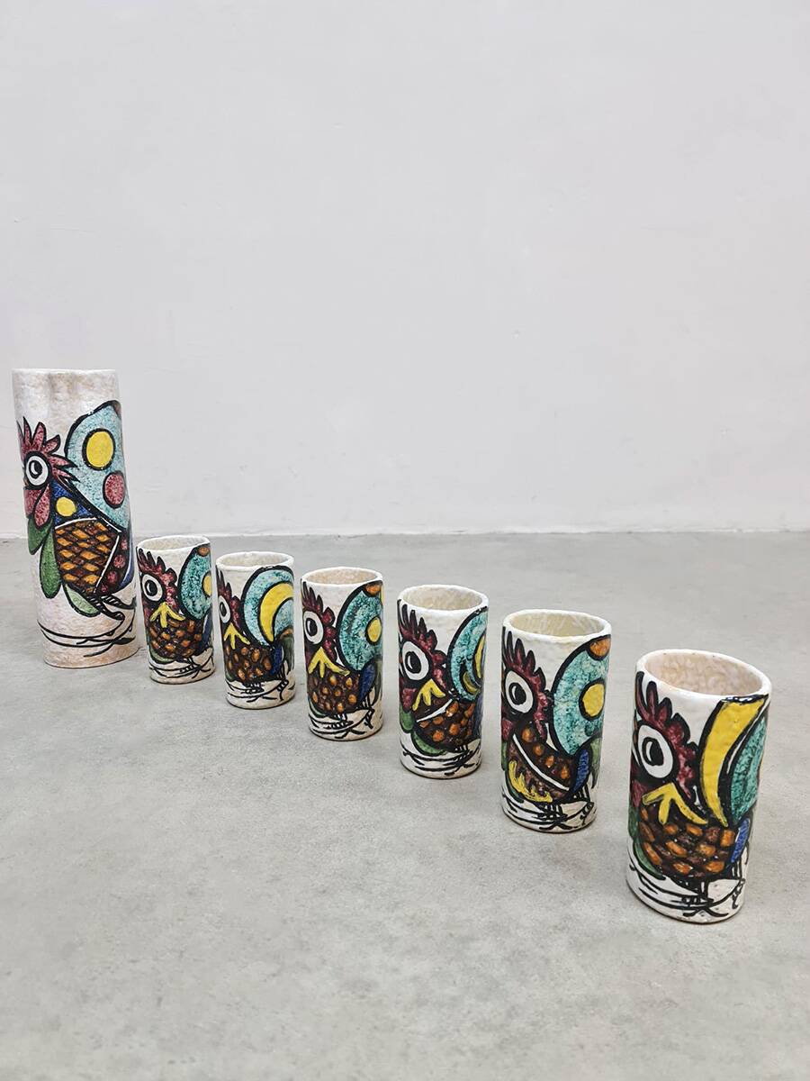 Spanish vintage Toledo ceramic pitcher & mugs Pablo Sanguino 1960s