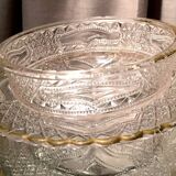Butter dish or candy dish in pressed glass molded with golden rim