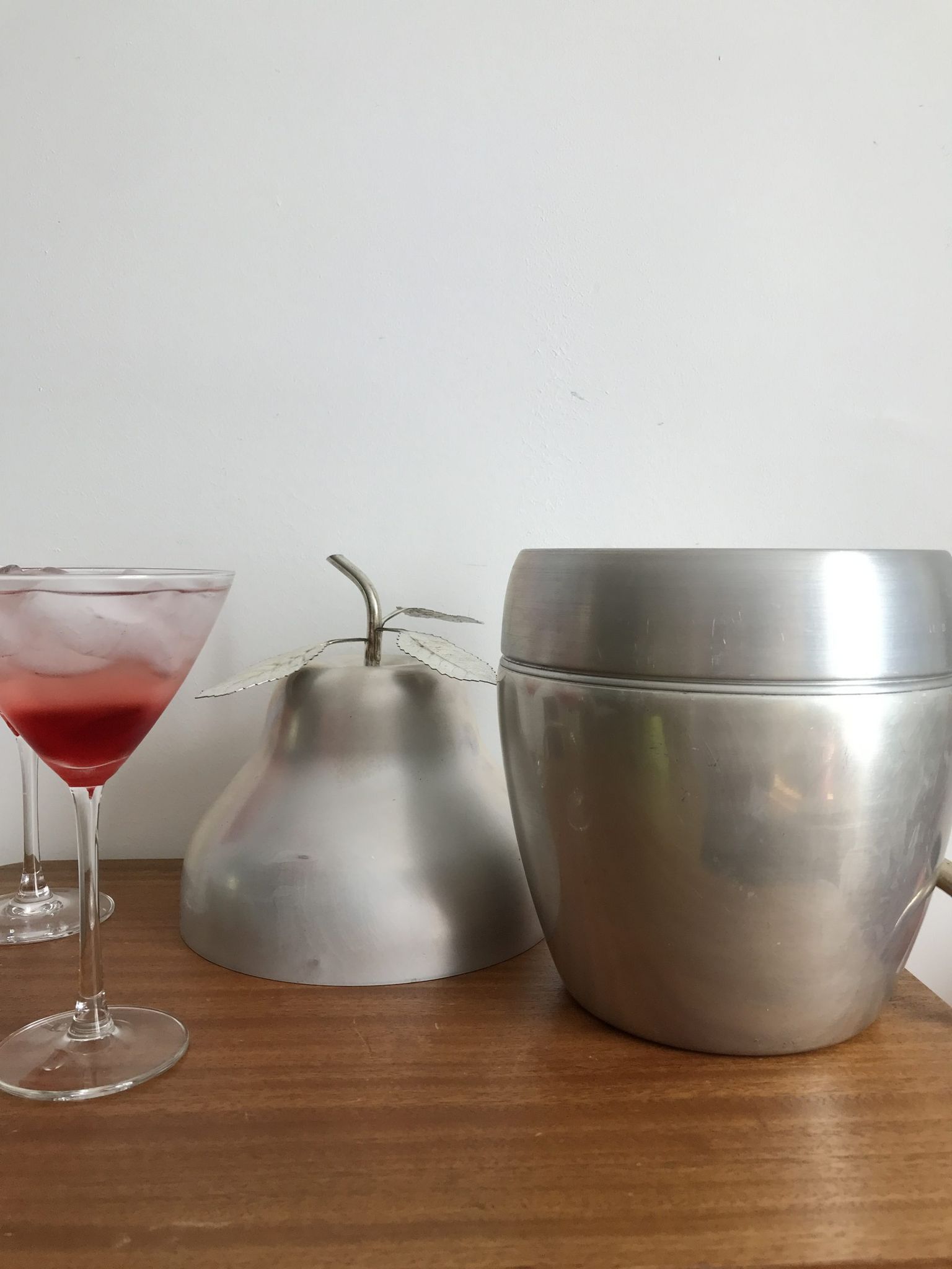 LARGE PEAR OR QUINCE IN BRUSHED ALUMINUM ICE BUCKET MADE IN ITALY AROUND 1970