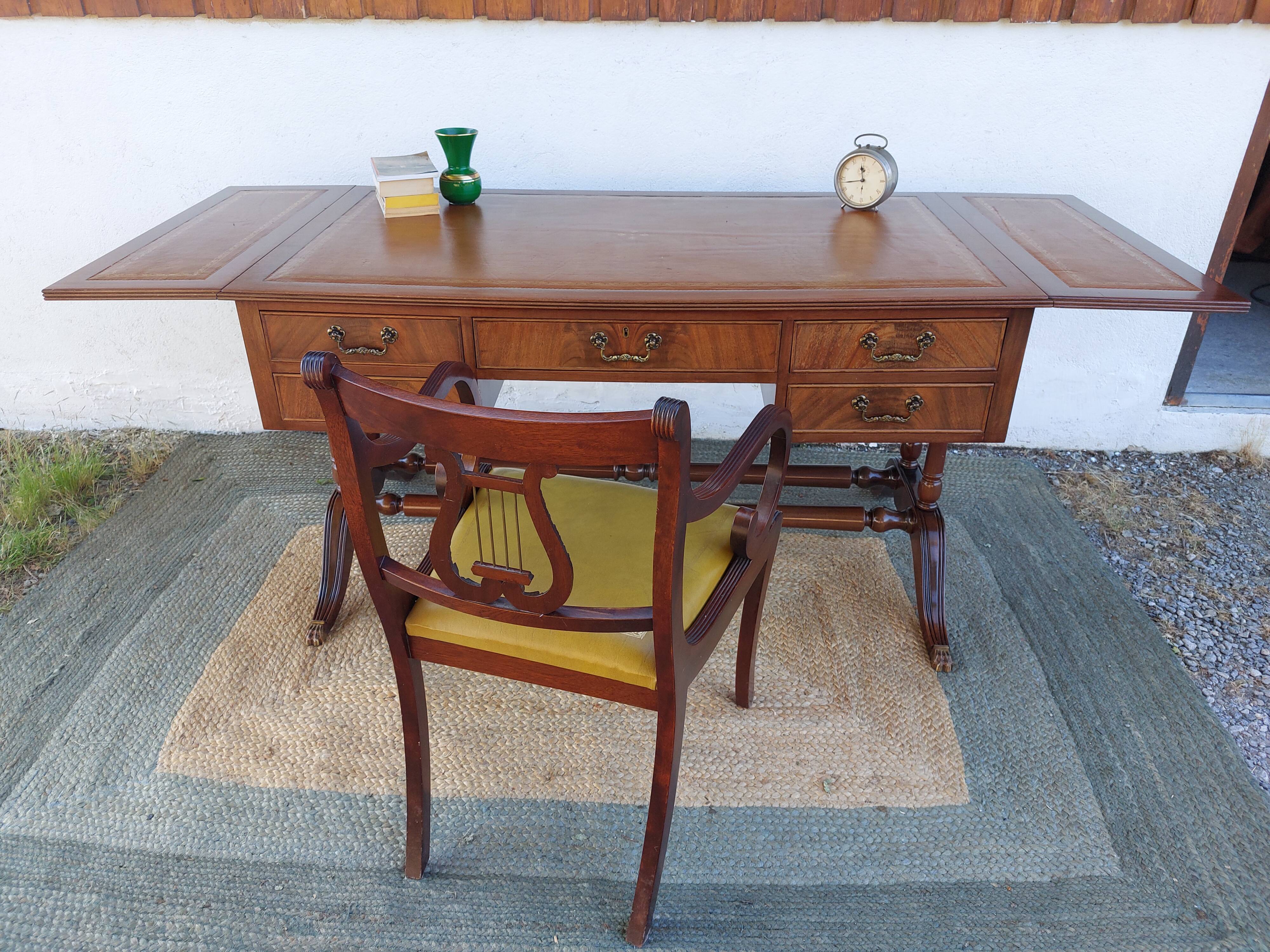 English desk and lyre chair, leather, extensions.