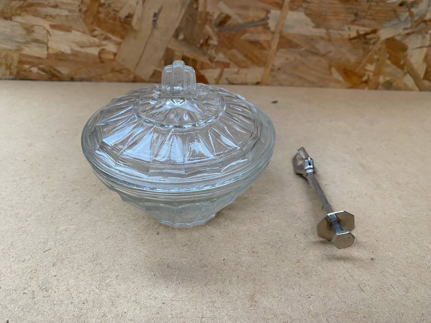 Old Molded Glass Candy Box + Sugar Tongs