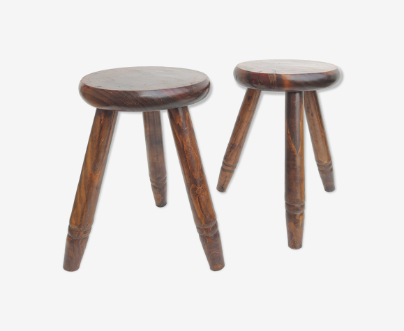 Paire tabourets tripode en bois