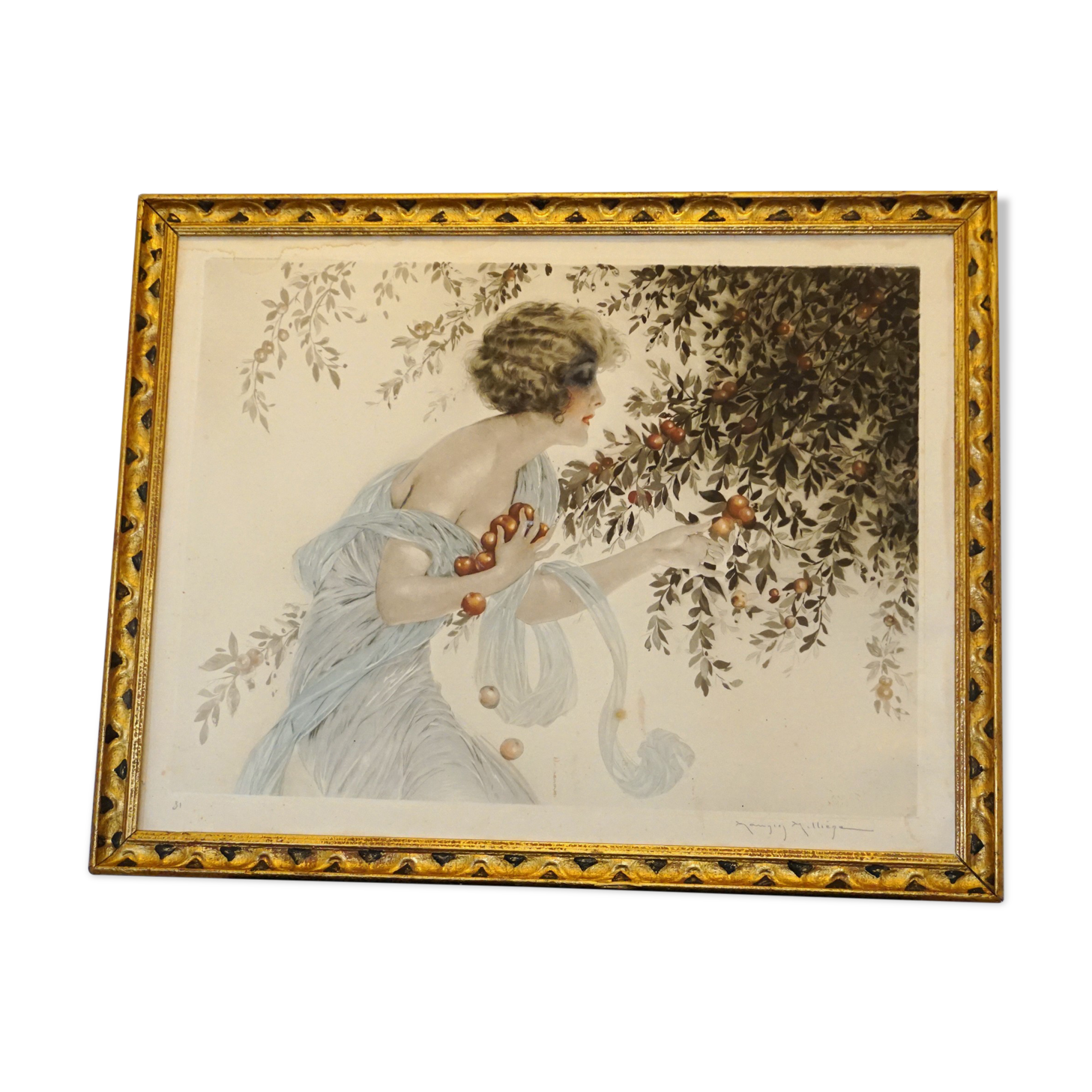 Maurice Milliere, La cueillette, etching colors framed art deco