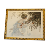 Tableau Maurice Milliere, La cueillette, eau-forte couleurs encadrée art deco