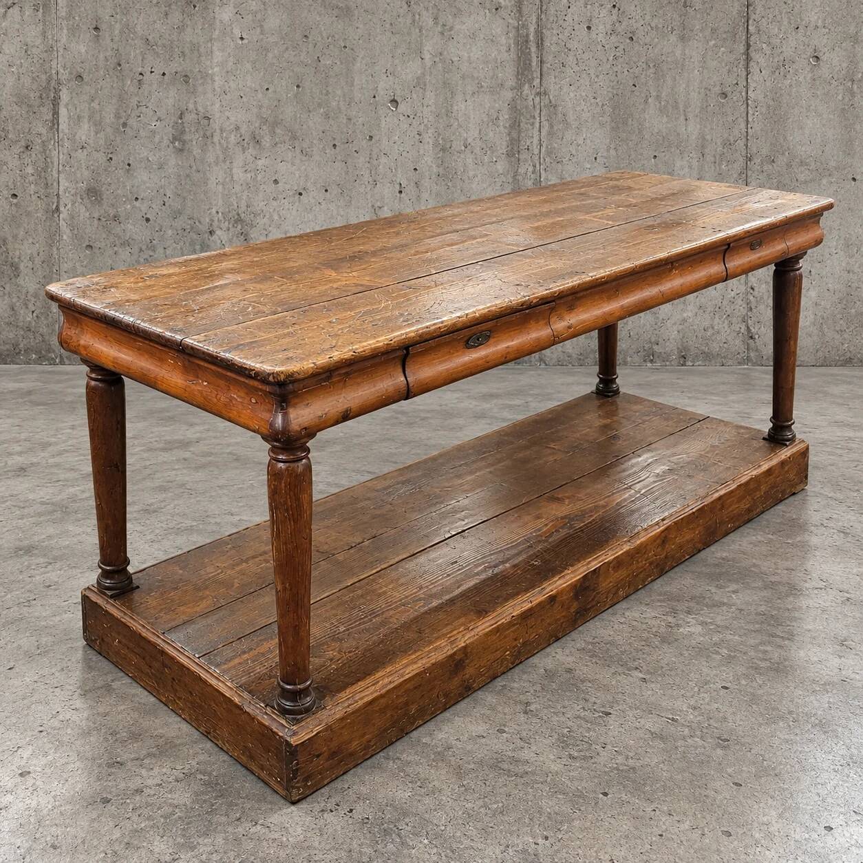 Antique French draper's table / 2 x drawers / Pinewood / 1900s