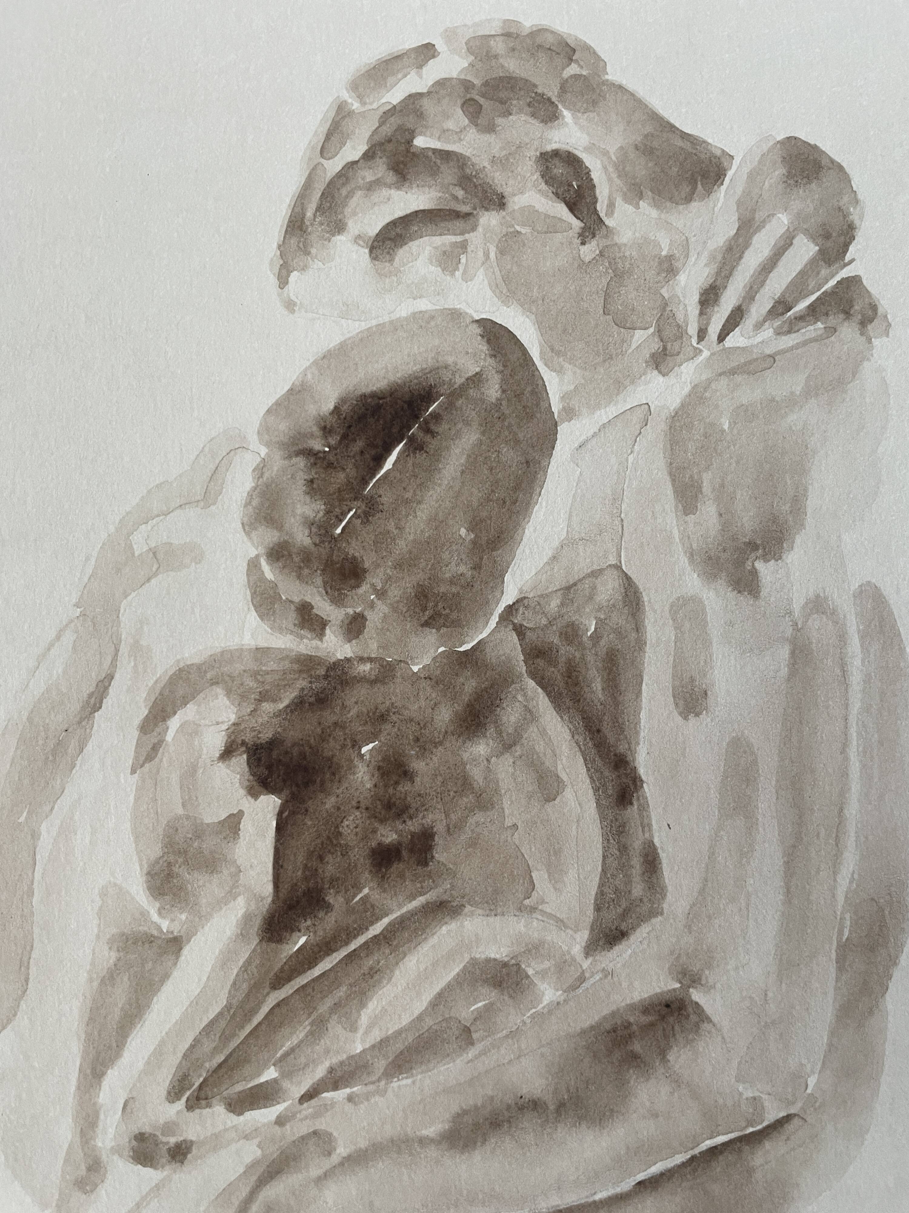 Painting signed sepia monochrome watercolor study of the statue “Rodin’s kiss”