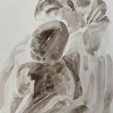 Tableau signé aquarelle monochrome sépia étude de la statue « le baiser de Rodin »