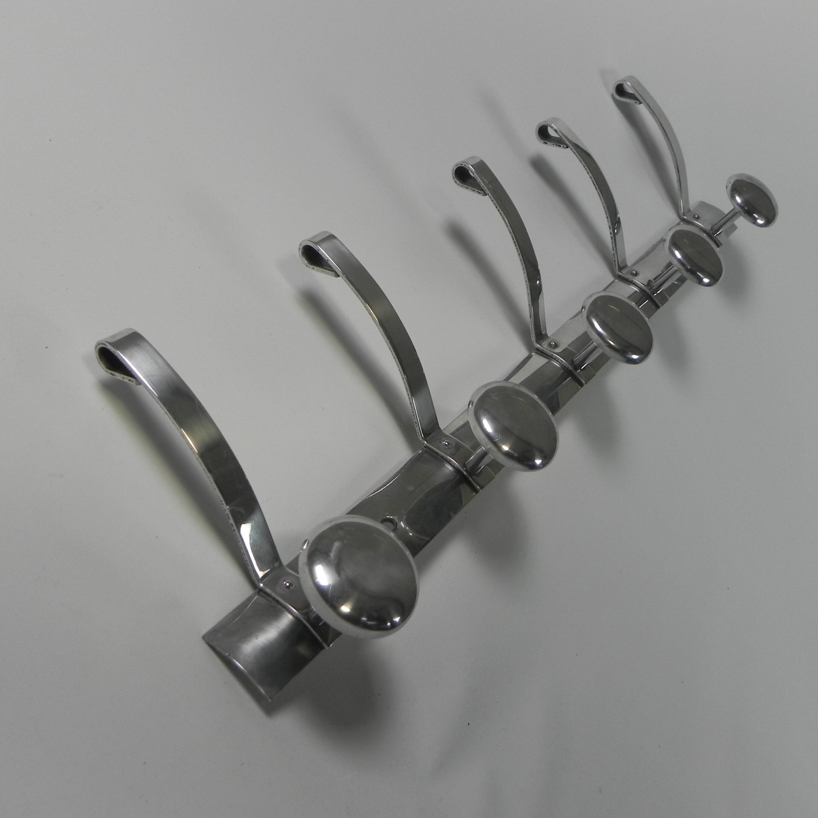 Aluminum vintage wall coat rack with 5 hooks, 1950s