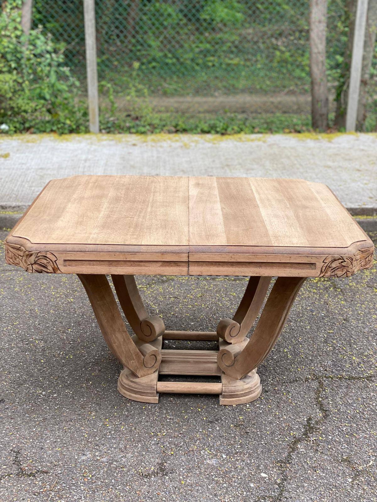 Rectangular Art Deco dining table with a central pedestal, renovated in solid oak.