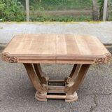 Rectangular Art Deco dining table with a central pedestal, renovated in solid oak.