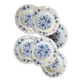 Lot de 6 assiettes creuses KG Lunéville liseré bleu et fleurs jaunes et bleu jaune