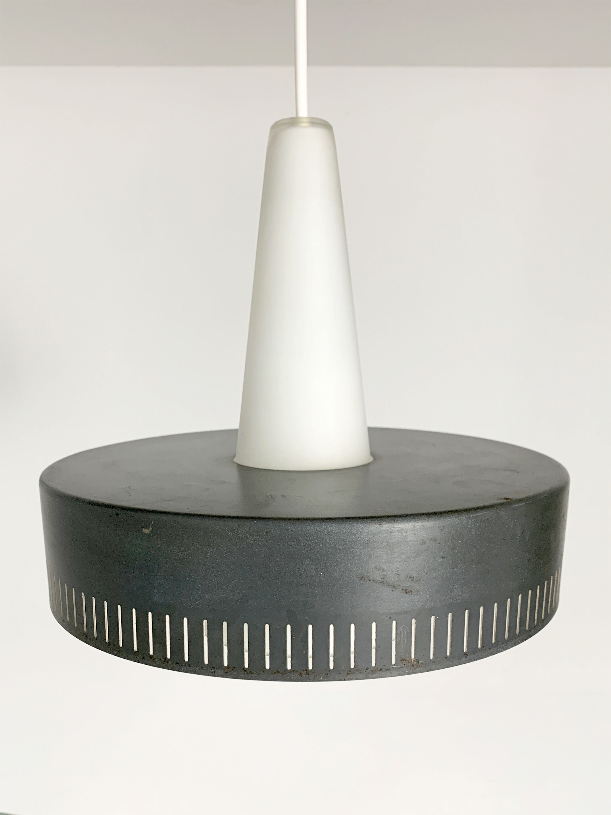 Modernist pendant lamp opal glass and grey metal Bent Karlby for Lyfa, Denmark, 1950-60