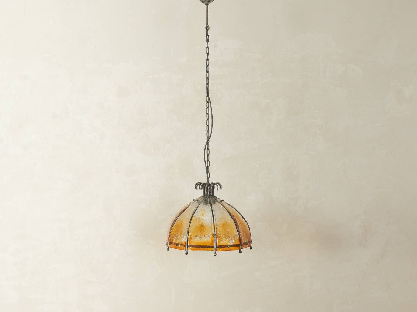 Brutalist ceiling lamp from the 1970s with orange glass shade