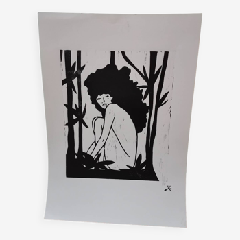 Woodcut engraving original print stamped numbered woman in the jungle motif