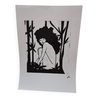 Woodcut engraving original print stamped numbered woman in the jungle motif