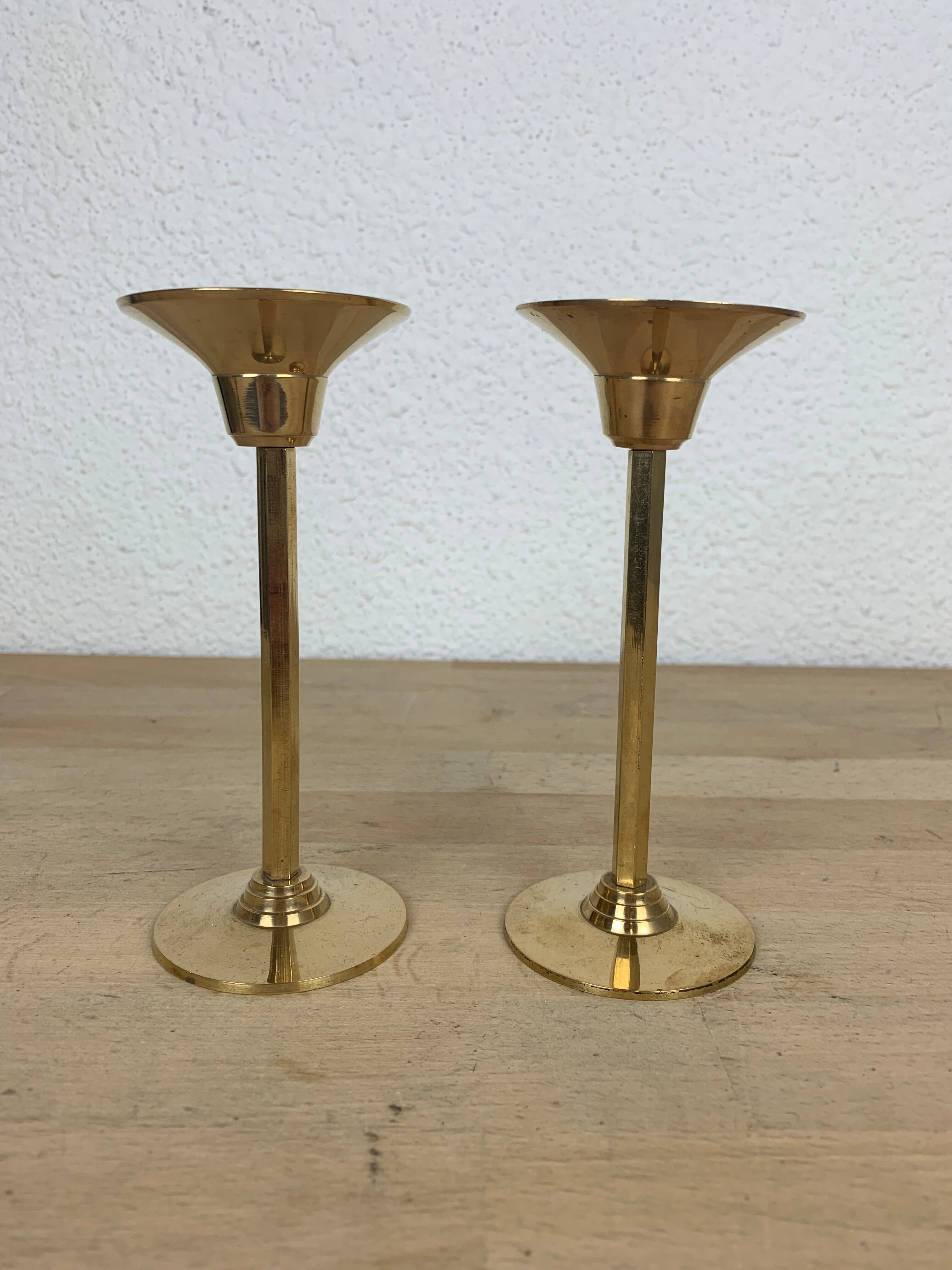 Pair of vintage golden brass candle holders