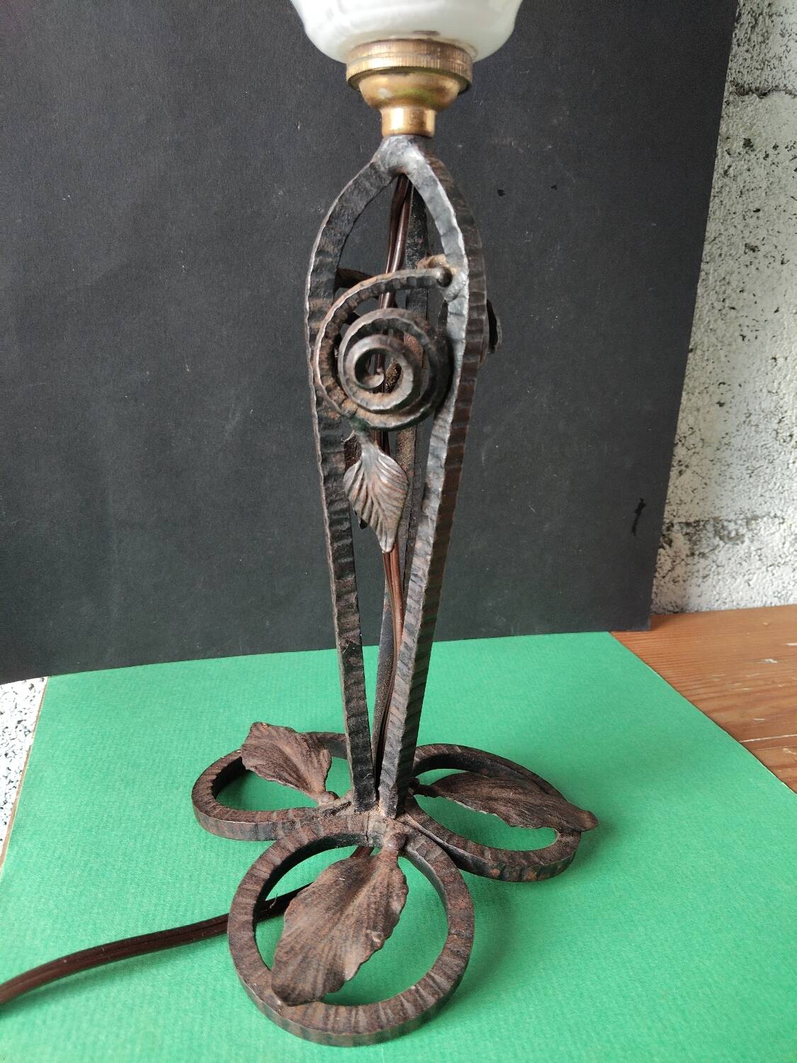 Hammered wrought iron lamp with white opaline Handmade craftsmanship