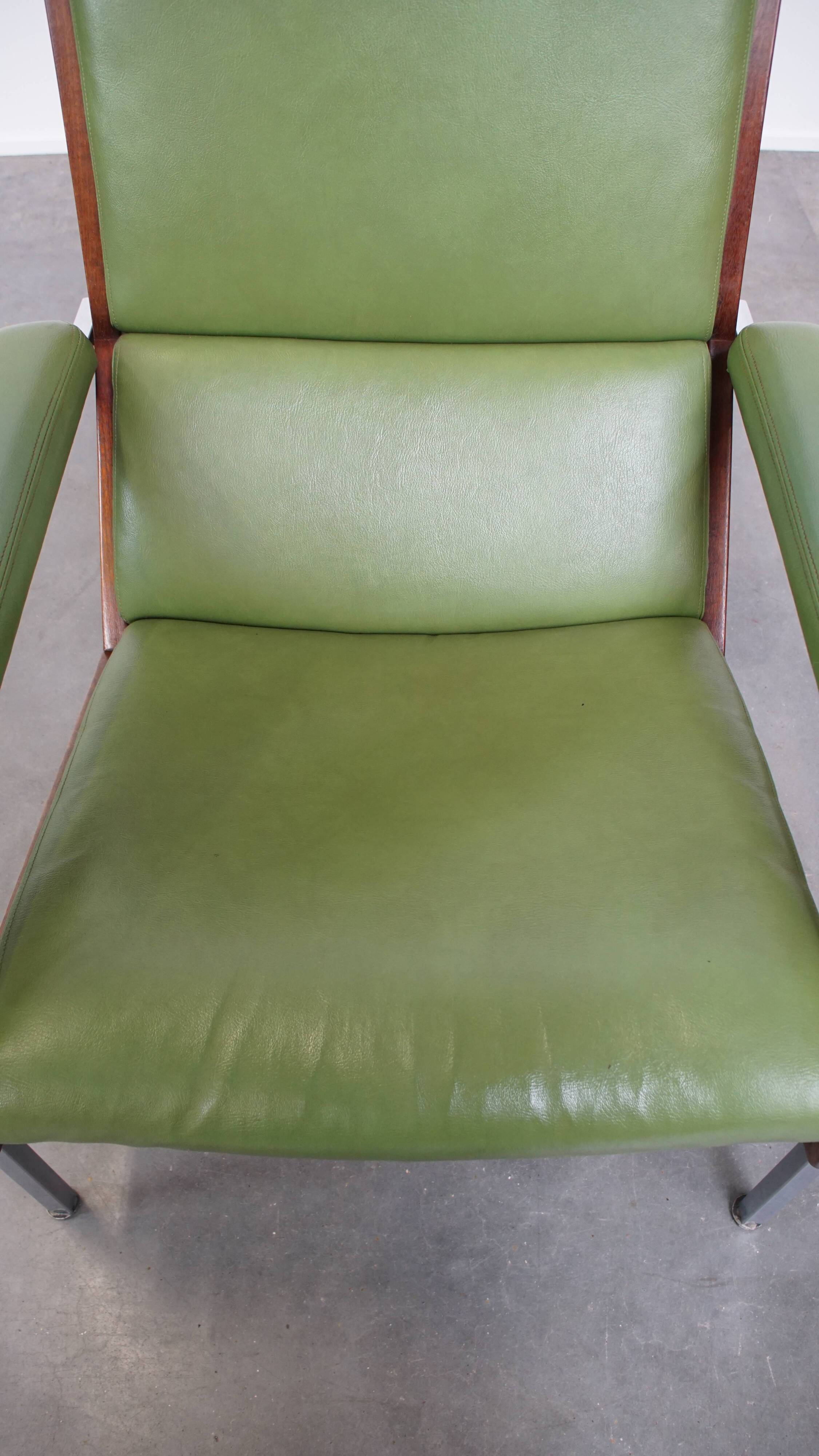 Green cowhide Leather and Wooden Vintage Armchair