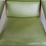 Green cowhide Leather and Wooden Vintage Armchair
