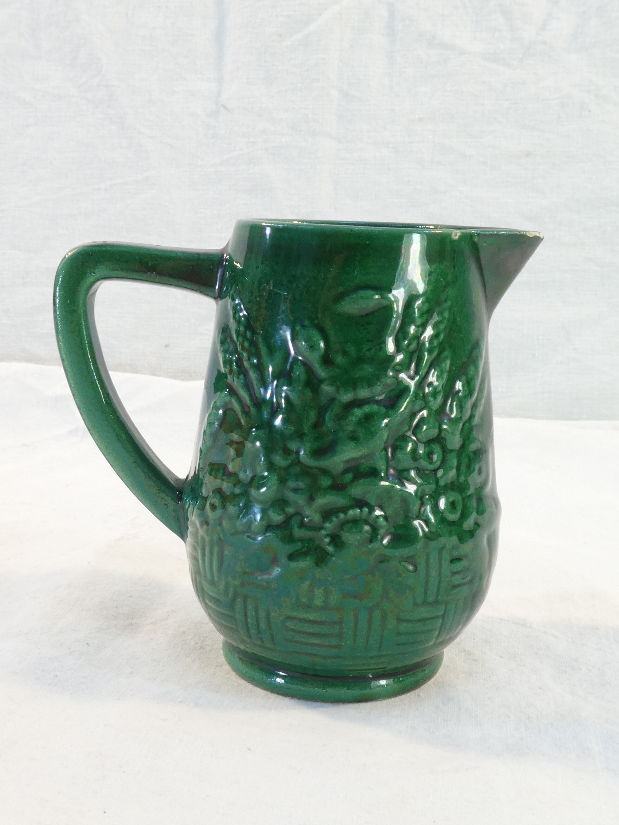 Old Little Vintage Green Pitcher in faience of ST CLEMENT flower basket decor
