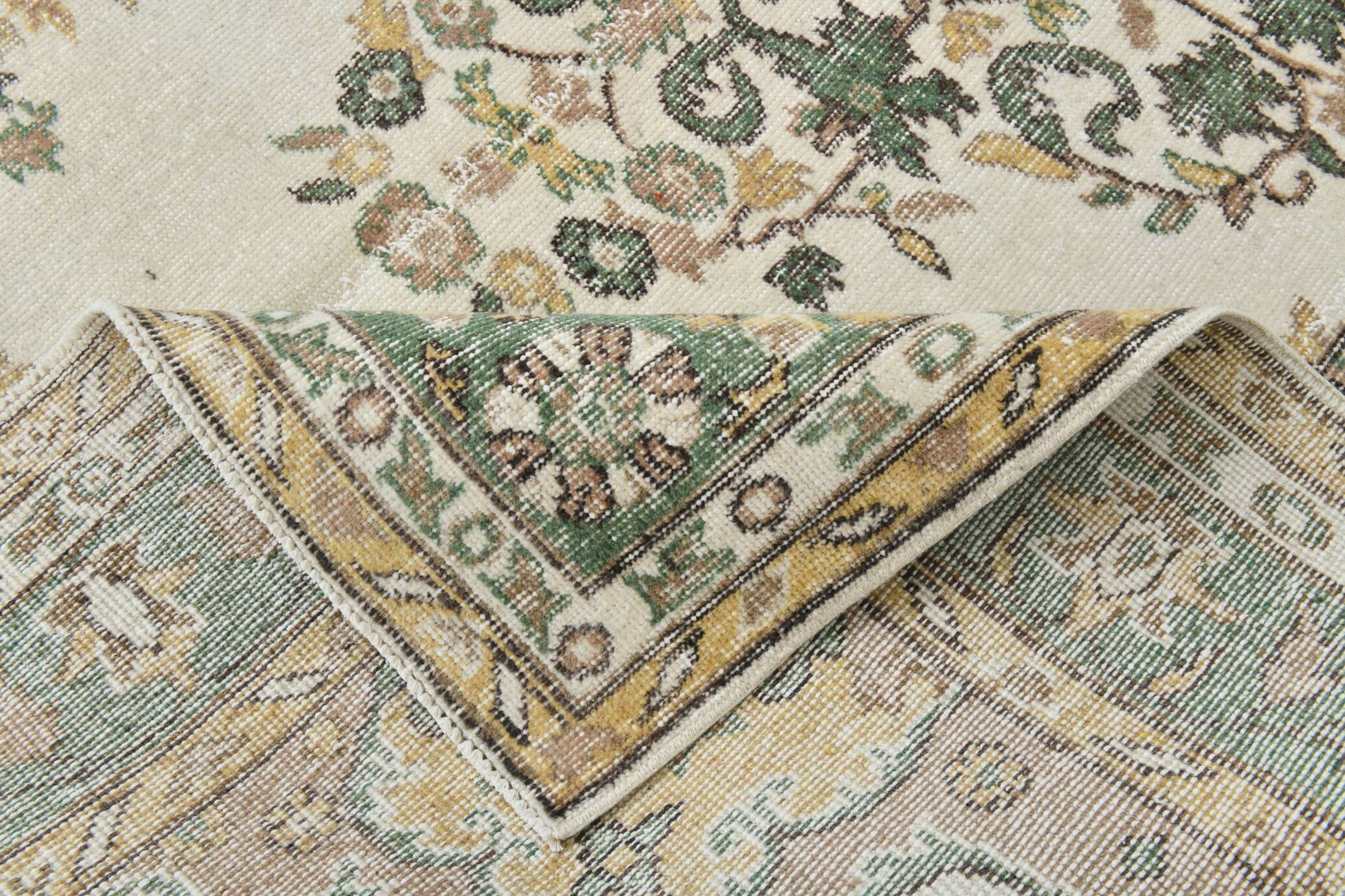 6x10 Beige & Green Geometric Pattern Anatolian Vintage Rug, 185x296 Cm