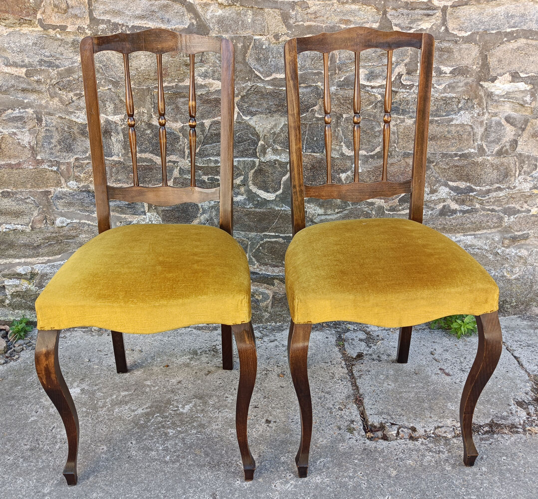 Pair of Louis Philippe chairs, wood and yellow ochre velvet, vintage, 60s