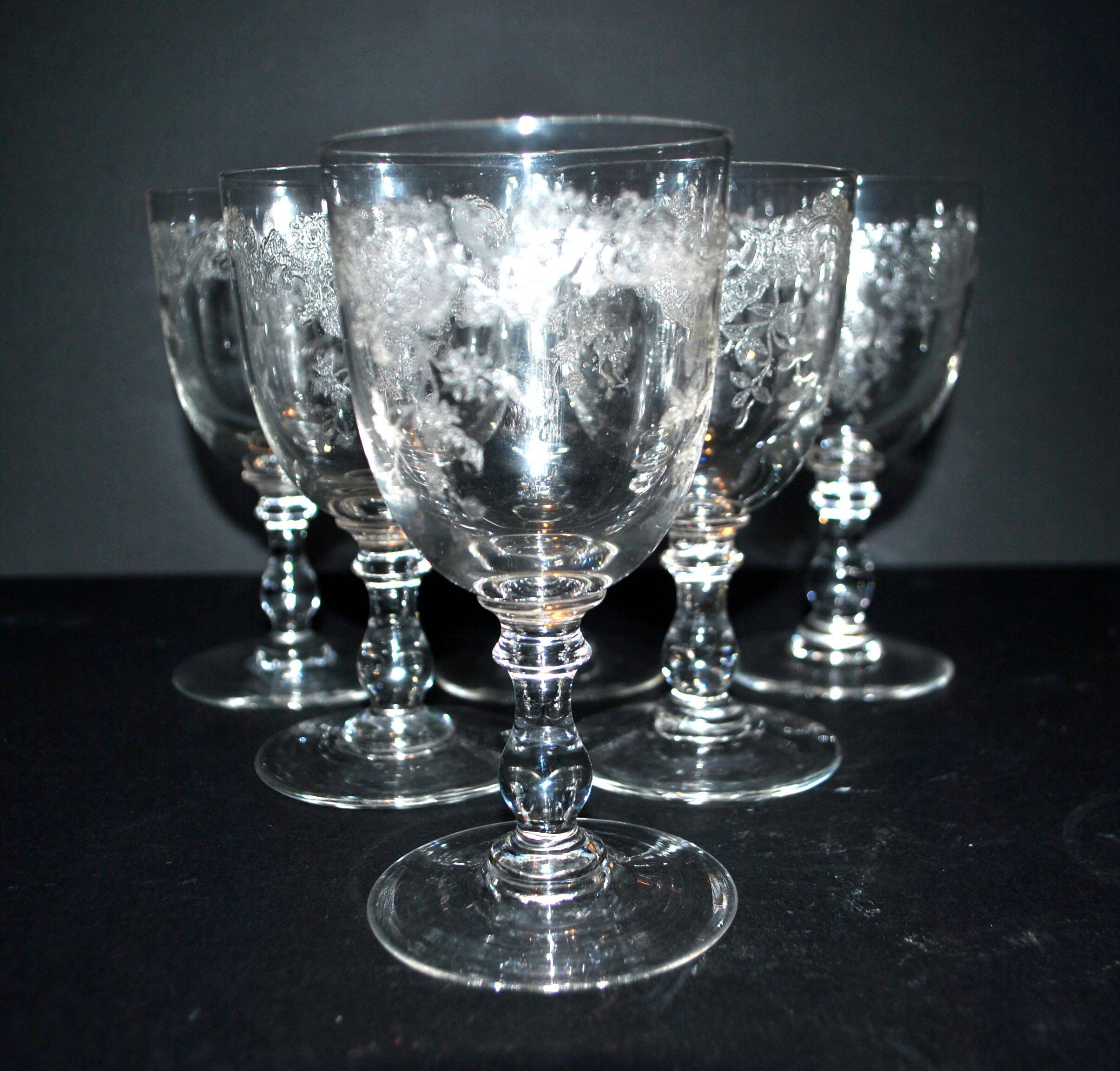 Saint-Louis set of 6 antique glasses with acid-etched rocaille and flower decoration 1920-30