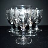 Saint-Louis set of 6 antique glasses with acid-etched rocaille and flower decoration 1920-30