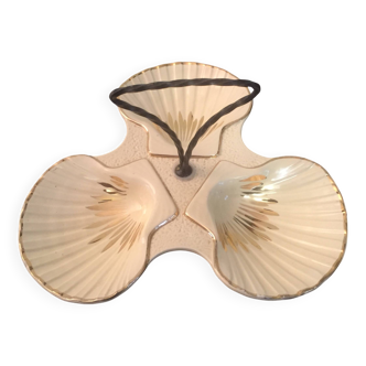 Plat mendiant - serviteur - faïence - beige doré - coquillages  - vintage