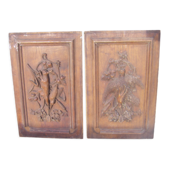 Pair of carved oak wood panels "hunting trophy"