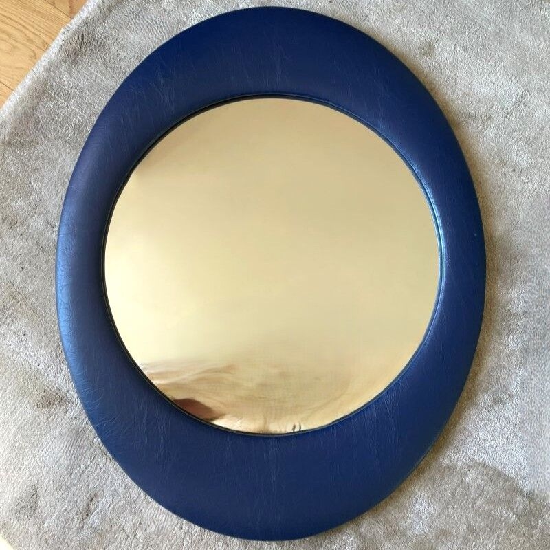 Oval wall mirror 1970s blue faux leather