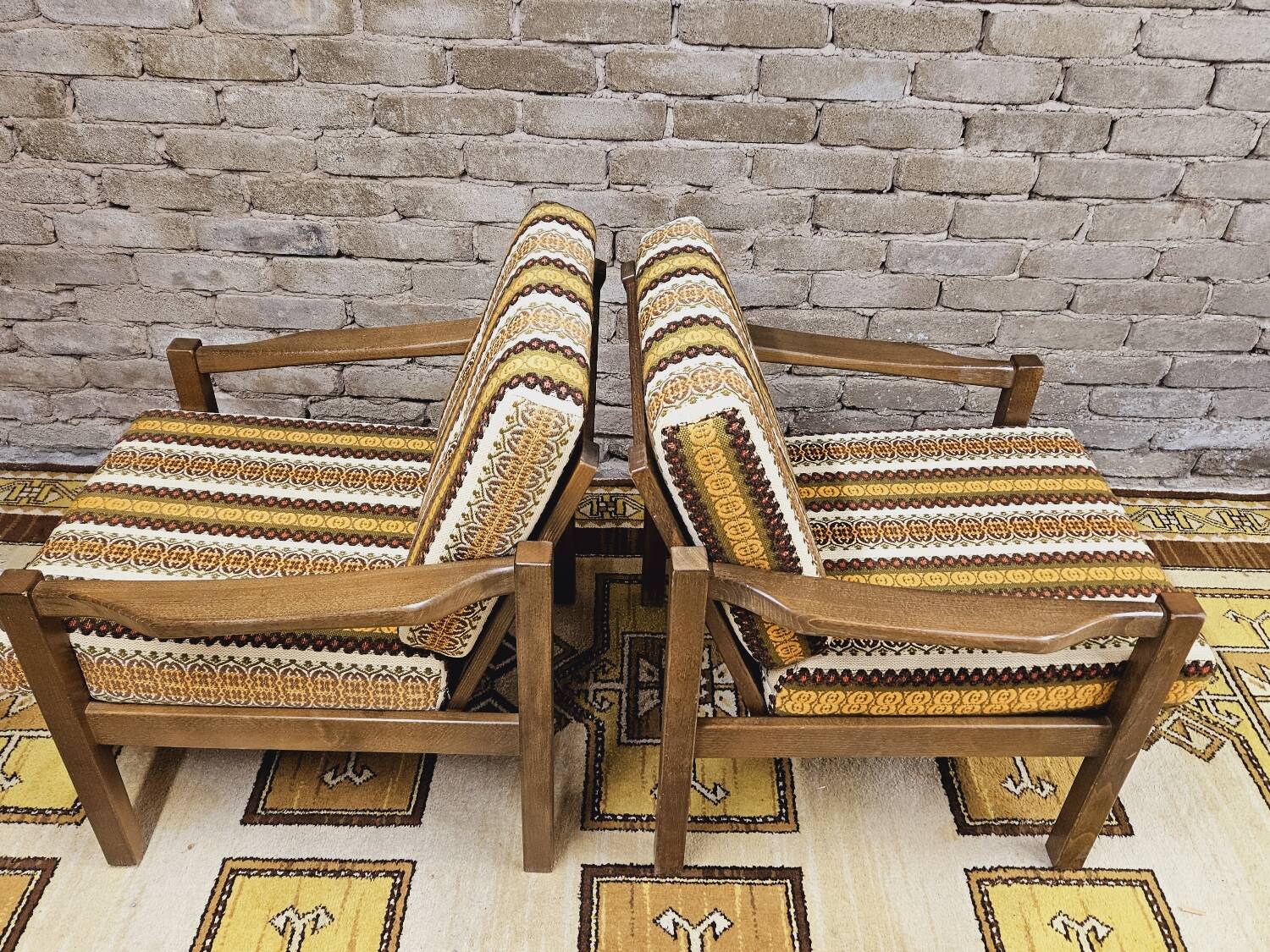 Pair of vintage Scandinavian armchairs with 2 Ottoman stools 1970