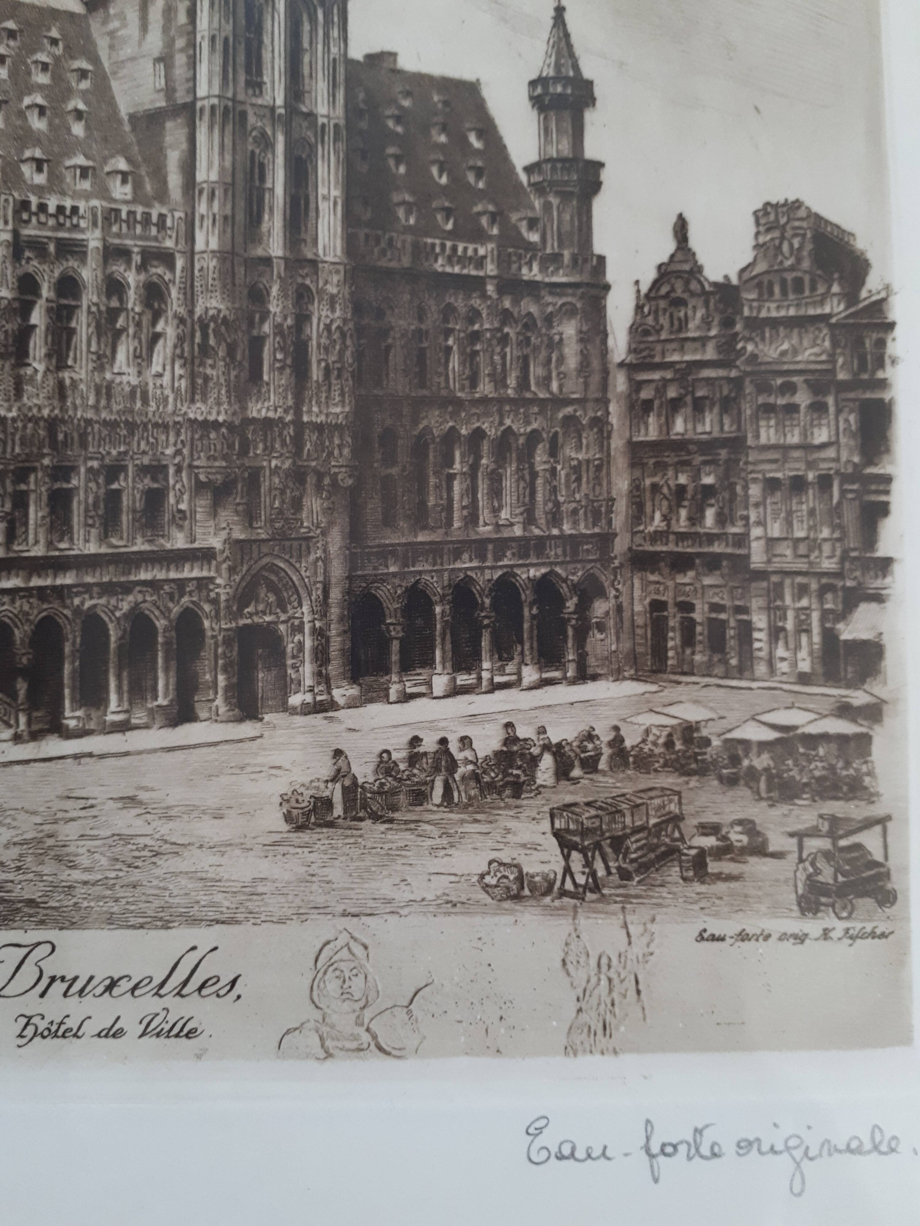 Painting lithograph engraving etching Brussels Town Hall